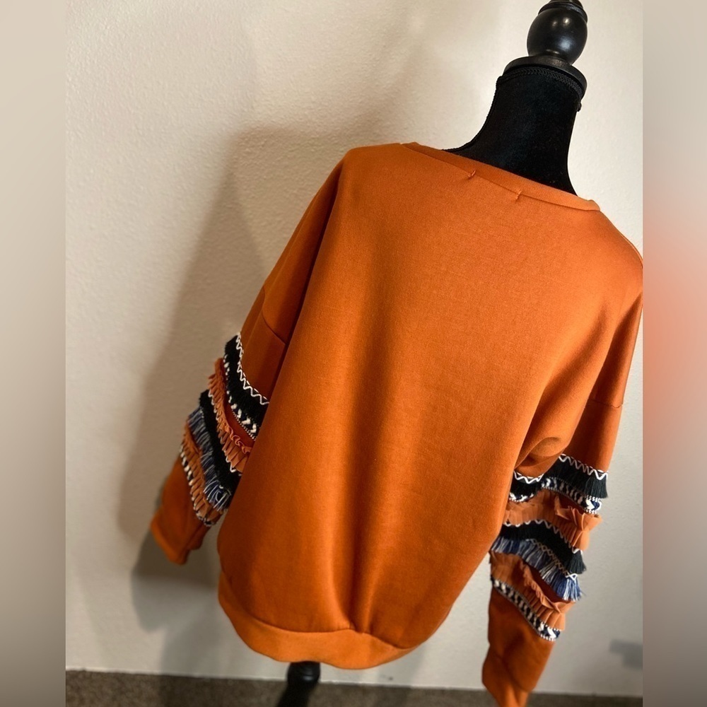 AndTheWhy~Boho Vibe Burnt Orange Sweatshirt~Fringe & Trim Detail Sleeves~Size M - Picture 11 of 14